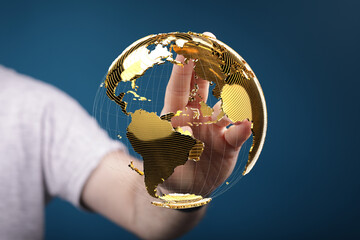 Poster - Hand interacting with a 3D golden globe, symbolizing global networking, international business, and worldwide connections.