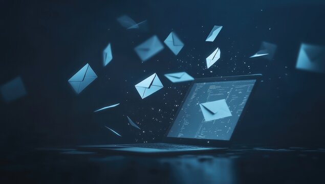 Email overload. Laptop screen displays multiple emails.  Envelopes float in dark space