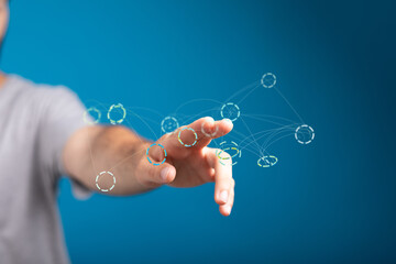 Poster - Hand reaching towards a network of interconnected circles, symbolizing global connectivity and digital interactions.