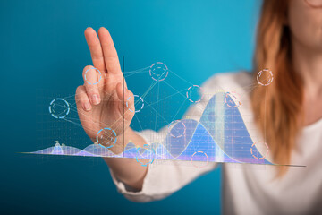 Poster - Stock photo of a woman using interactive data visualization. Perfect for technology, business, and analytics.
