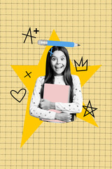 Poster - Vertical poster image art collage of happy schoolgirl hold notepad pencil back to school education secondary academic learner