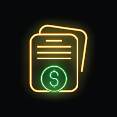 Poster - Glowing neon icon of a contract with a dollar sign representing a successful business deal
