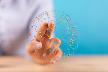 Poster - Hand holding a digital network sphere.  Global connections, data, technology concept.