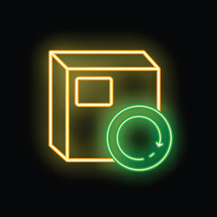 Poster - Bright neon green recycling symbol glowing next to a cardboard box on a black background