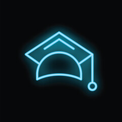 Poster - Bright blue neon graduation cap glowing on dark background symbolizing education, knowledge and success