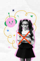 Poster - Trend artwork sketch design montage 3D collage of shocked young schoolgirl stand hold pile book bot AI technology study homework digital