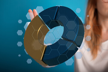 Poster - Woman interacts with a digital pie chart, showcasing data analysis and business insights.
