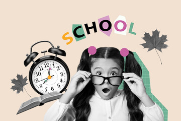 Poster - Composite artwork photo collage trend template of clock deadline young girl shocked hold eyewear book courses education school september