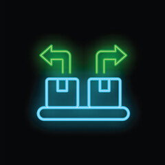 Poster - Neon icon representing a sorting system moving cardboard boxes on a conveyor belt