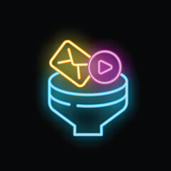 Poster - Colorful neon icon of a sales funnel converting emails and videos into customers