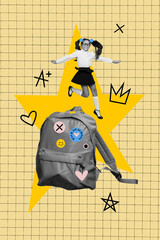 Poster - 3d vertical art collage of happy schoolgirl jump backpack school supply september season nerd education pupil excellent mark