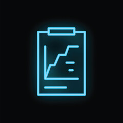 Poster - Neon blue clipboard showing growing chart icon on black background, concept for business analysis and financial forecast