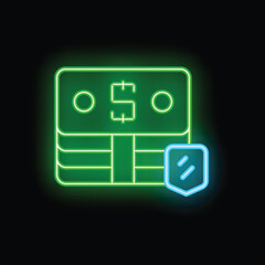 Poster - Neon green glowing icon of a stack of cash protected by a blue shield on a black background
