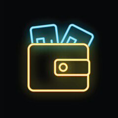 Poster - Bright neon wallet holding credit cards, glowing on a dark background