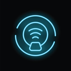 Poster - Blue glowing neon sign representing a smartphone being charged wirelessly