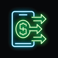 Poster - Neon sign representing a mobile payment system with three arrows leaving the smartphone screen