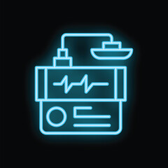 Poster - Bright blue neon icon of electrocardiogram connected to cargo ship monitoring system on black background