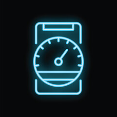 Poster - Glowing neon icon of a smartphone with a speedometer app, representing the concept of measuring internet speed