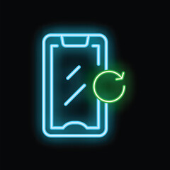 Poster - Neon icon of a smartphone with a loading or updating symbol, glowing on a black background