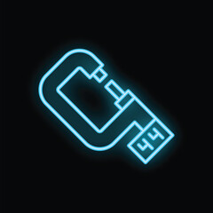 Poster - Blue neon icon of a caliper measuring size, glowing on a dark background