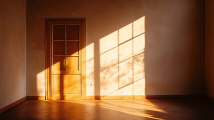 Poster - Sunlight streaming through a door casts long shadows on the wooden floor of an empty room in the late afternoon