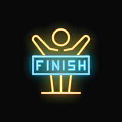 Poster - Neon glowing icon of a happy person crossing finish line, celebrating victory