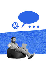 Aufkleber - Sketch image artwork composite 3D photo collage of remote internet laptop netbook device young man sit armchair work speech cloud message