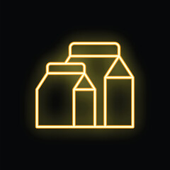 Poster - Yellow neon sign depicting three cartons, potentially containing milk or juice, set against a dark backdrop