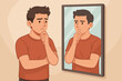 © Fabian - Man looking at his sad reflection in the mirror. Concept of self-reflection, introspection, personal assessment. Low self-esteem, anxiety, doubt. Mental health vector illustration.