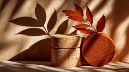 Poster - Rustic cylinder container with leaf, showcasing earthy tones and natural textures on a tabletop