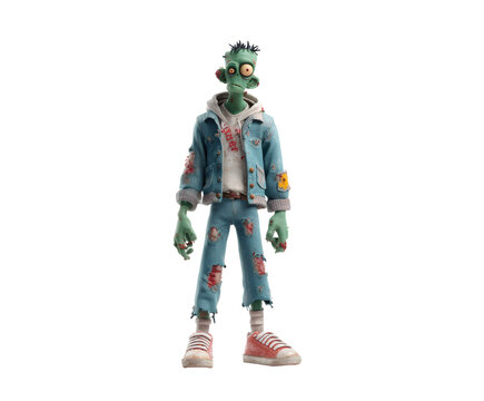 A 3d cartoon zombie stands proudly in casual attire against black.