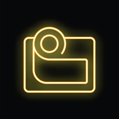Poster - Yellow neon icon of an action camera glowing on black background, perfect for concepts like photography, videos and technology