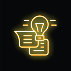 Fototapete - Bright yellow neon icon of a light bulb is shining over documents, representing the concept of new ideas