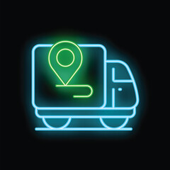 Poster - Neon sign of delivery truck with location pin on a map, concept of fast delivery service