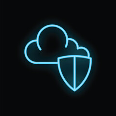 Poster - Neon icon of a cloud being protected by a shield, representing cloud computing security