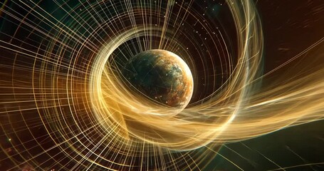 Wall Mural - A swirling vortex of golden light and energy surrounds a planet in space, creating a tunnel effect.