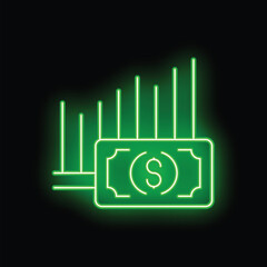 Poster - Neon green dollar bill with increasing bar graph showing profit growth concept
