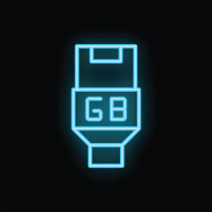 Poster - Bright blue neon icon of a 6 gb usb flash drive glowing on a black background