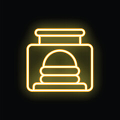 Poster - Yellow glowing neon sign displaying a classic hamburger, representing a food menu option, on a dark background