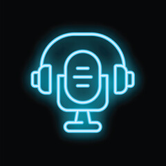 Poster - Neon sign of a podcast microphone with headphones, glowing on a black background, representing audio recording and podcasting