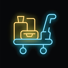 Aufkleber - Neon luggage cart with suitcases on a black background, representing travel and tourism
