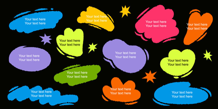 Neon color shapes for text blocks on black background. Hand drawn speech bubbles, bright simple trendy abstract banners with torn edge. Set of design elements.