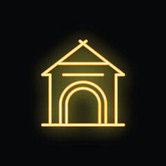 Poster - Bright yellow neon icon of a wooden doghouse is glowing on a black background