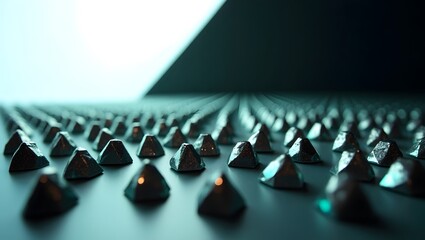 Abstract geometric pattern of metallic pyramids with soft blue and white lighting