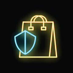 Poster - Neon shield protecting shopping bag representing secure online shopping and protection against fraud