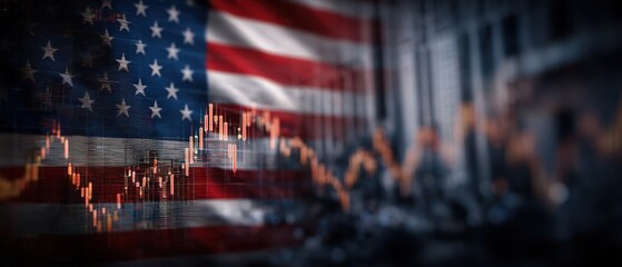 Poster - Declining stock market chart over american flag