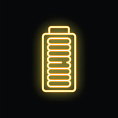 Poster - Bright neon yellow battery icon glowing on a black background, representing energy, power, and charging