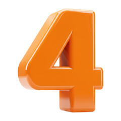 Fototapete - A 3D Shiny Orange Number or Digit Four, Glossy Render of the Number 4, 3D Font for Educational Use. Cut Out, Clipping Path Isolated on Transparent Background.