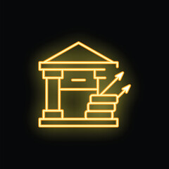 Poster - Yellow neon sign of a bank building with increasing arrows showing profit growth on a black background