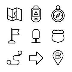 Poster - Navigation Icon Grid. Outline icon set of navigation and route planning: paper map, GPS device, compass, waypoint flag, mile